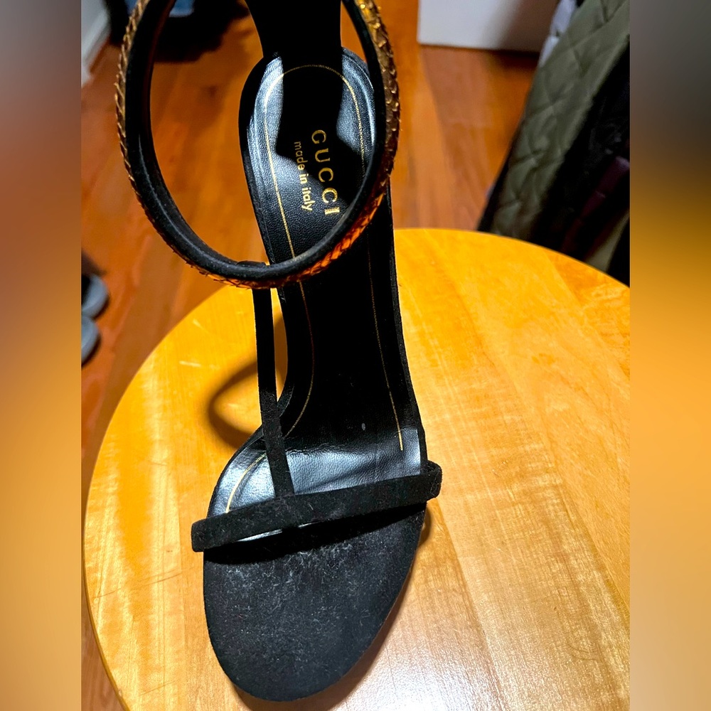 Gucci Black Velvet and Gold Heeled Sandal